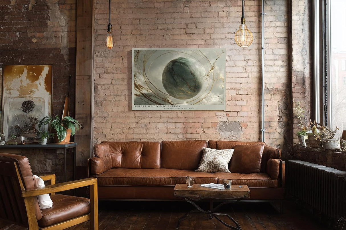 Paul Sinus Wandbild 120x80cm kosmische Kugel mit goldenen Linien abstrakte Welt moderne Kunst in Grau und Gold stilvolle Wanddekoration fuer Wohnzimmer Büro