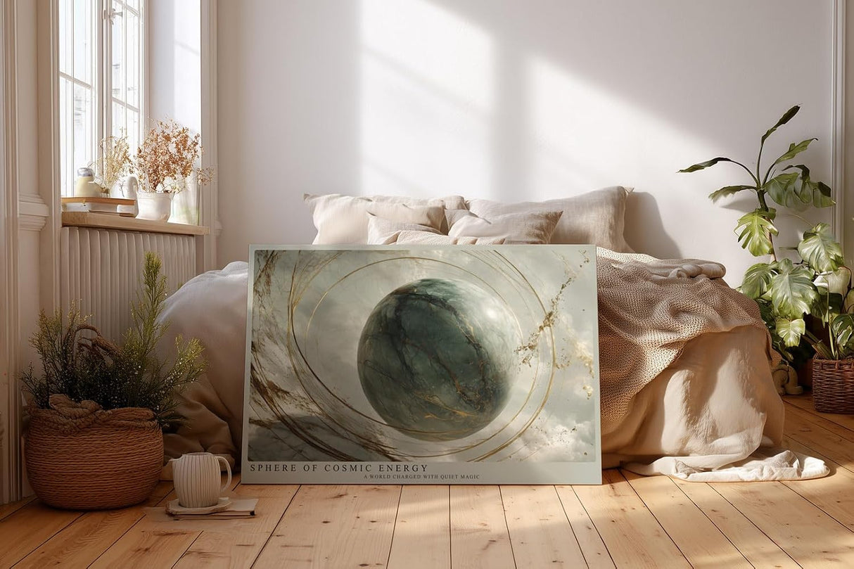 Paul Sinus Wandbild 120x80cm kosmische Kugel mit goldenen Linien abstrakte Welt moderne Kunst in Grau und Gold stilvolle Wanddekoration fuer Wohnzimmer Büro