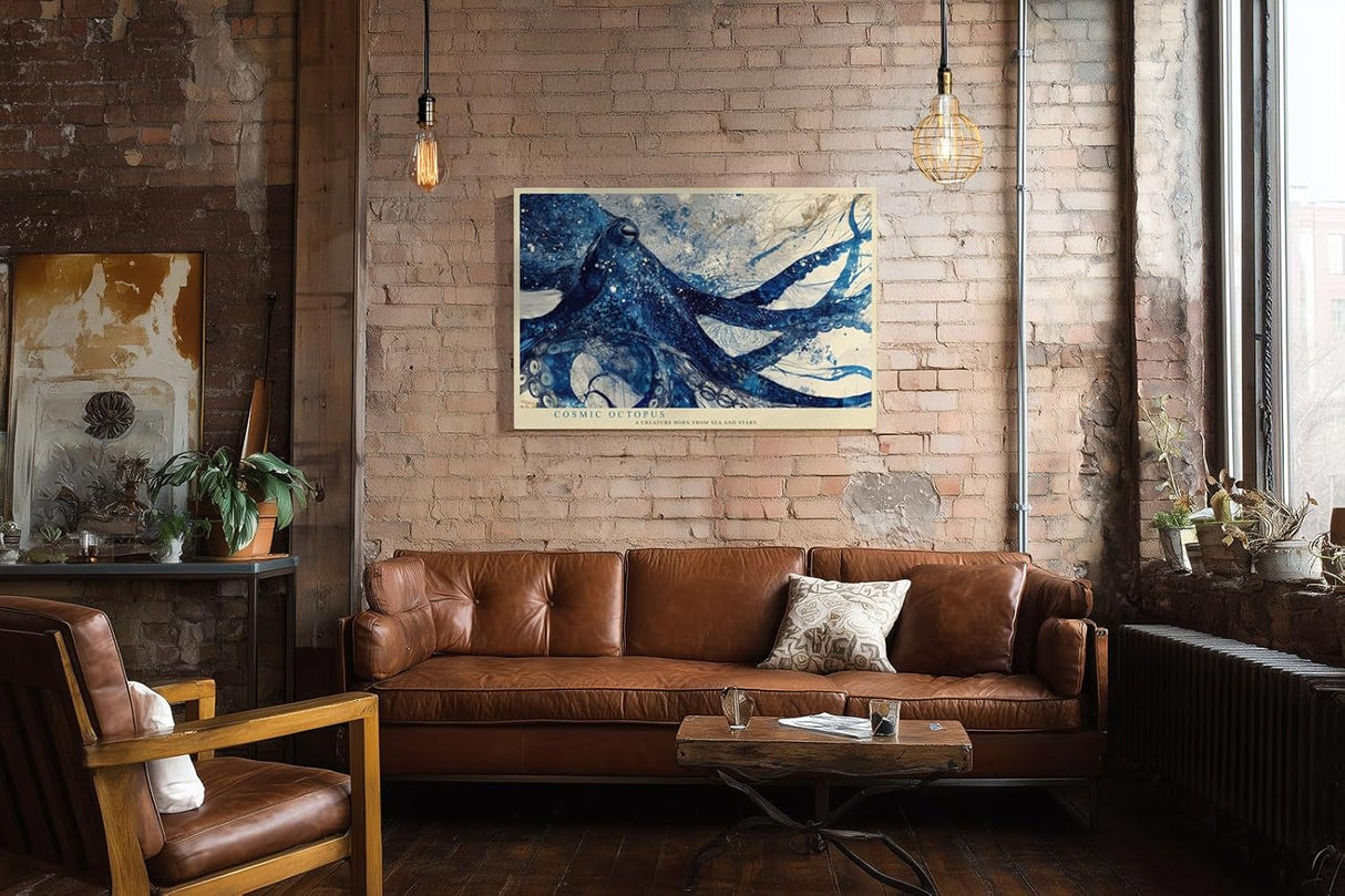 Paul Sinus Wandbild 120x80cm Kosmischer Oktopus Abstrakte Meereskunst LeinWandbild 120x80cm Blaues Tiermotiv Wanddekoration
