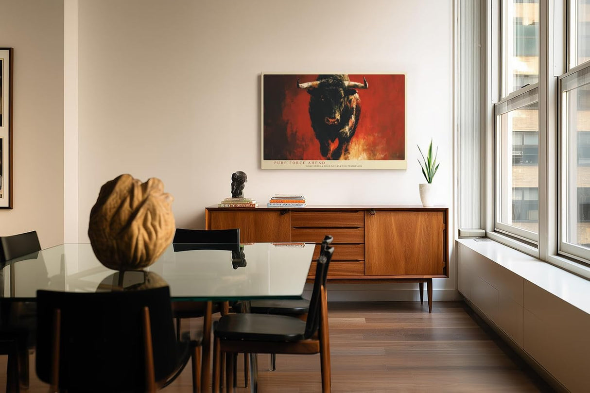 Paul Sinus Wandbild 120x80cm kraftvoller Stier moderne Tierkunst expressives Gemälde in Rot und Schwarz dynamische Wanddekoration fuer Wohnzimmer Büro