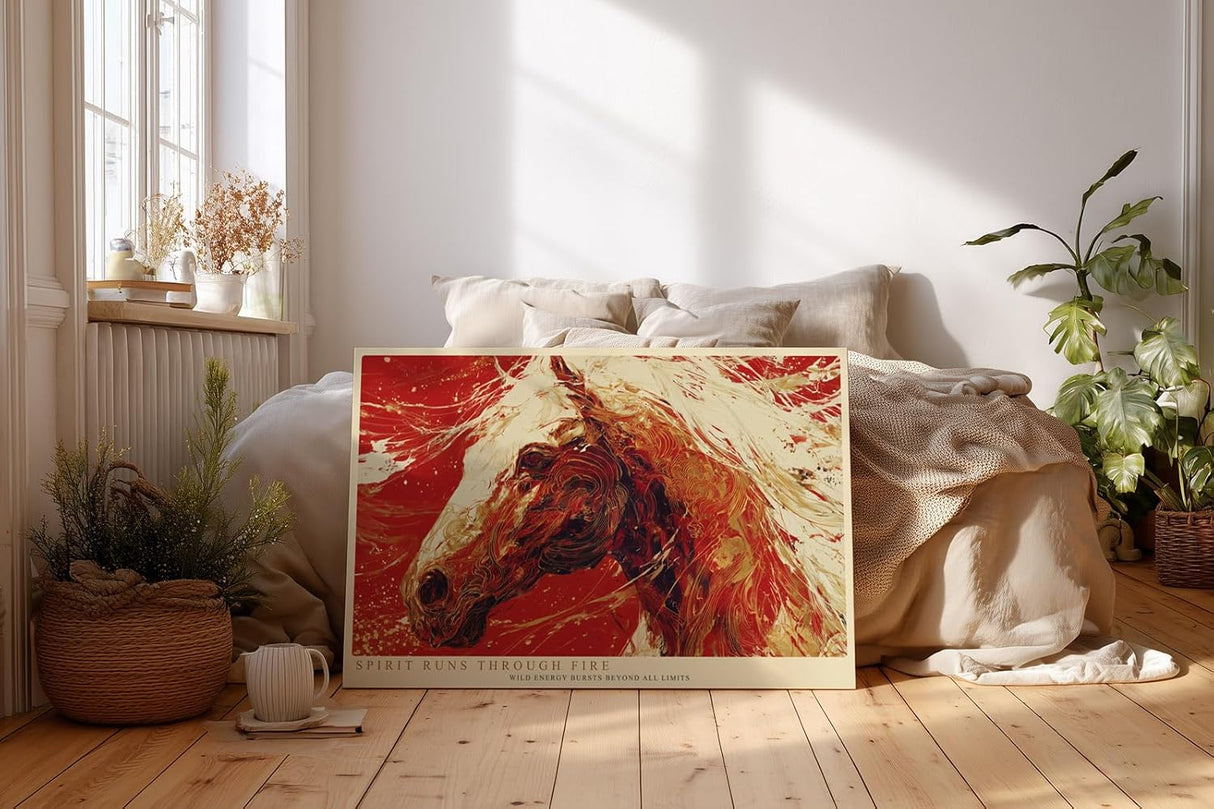 Paul Sinus Wandbild 120x80cm kraftvolles Pferd abstrakte Kunst rot weiss dynamische Bewegung modernes Kunstbild grosse Wanddekoration fuer Wohnzimmer Büro