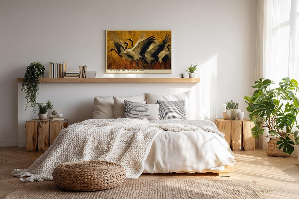 Paul Sinus Wandbild 120x80cm Kraniche Flug Natur Kunstmotiv Elegante Voegel in Bewegung mit warmen Farben