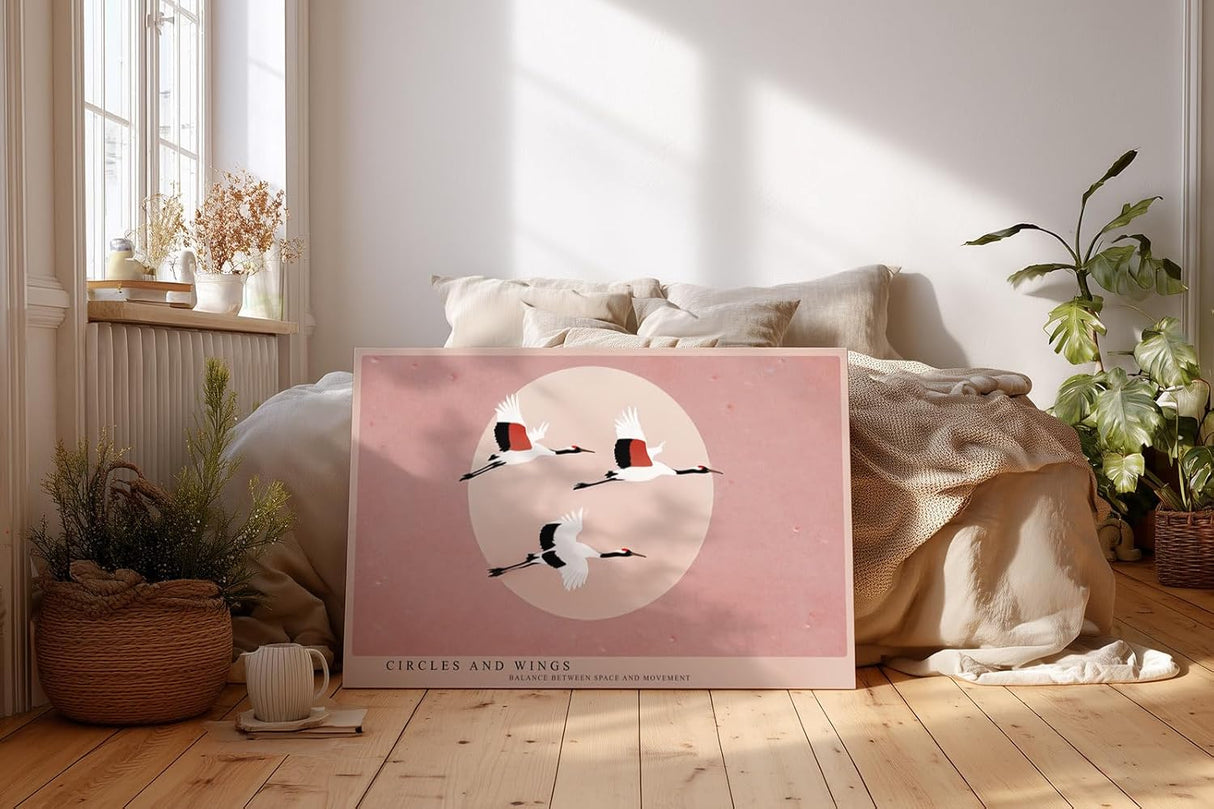 Paul Sinus Wandbild 120x80cm Kraniche im Flug minimalistische Vogel Illustration rosa Kreis moderne asiatische Kunst Wanddekoration fuer Wohnzimmer Büro
