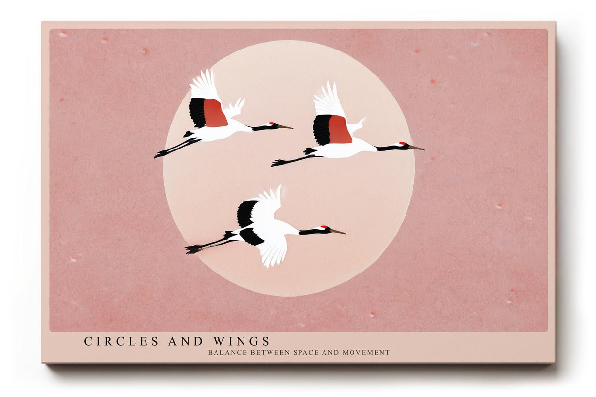 Paul Sinus Wandbild 120x80cm Kraniche im Flug minimalistische Vogel Illustration rosa Kreis moderne asiatische Kunst Wanddekoration fuer Wohnzimmer Büro