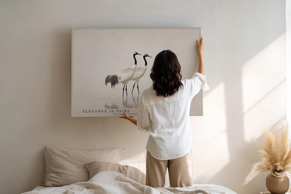 Paul Sinus Wandbild 120x80cm Kraniche Paar Natur Fotokunst elegante Vögel im Wasser ruhiges Tiermotiv modernes Naturbild für Wohnzimmer Büro