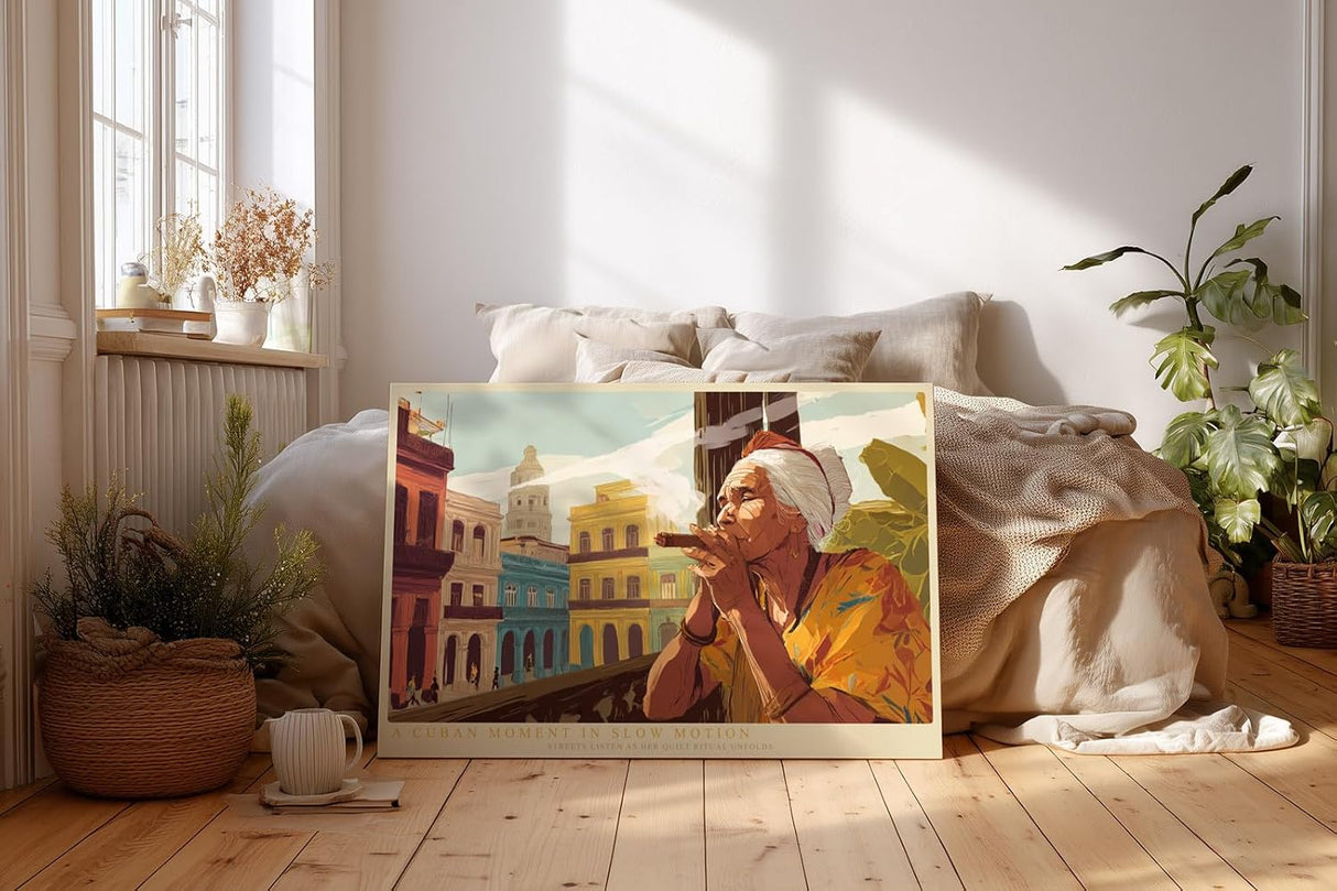 Paul Sinus Wandbild 120x80cm Kubanische Stadtszene mit rauchender Frau farbenreiche urbane Illustration