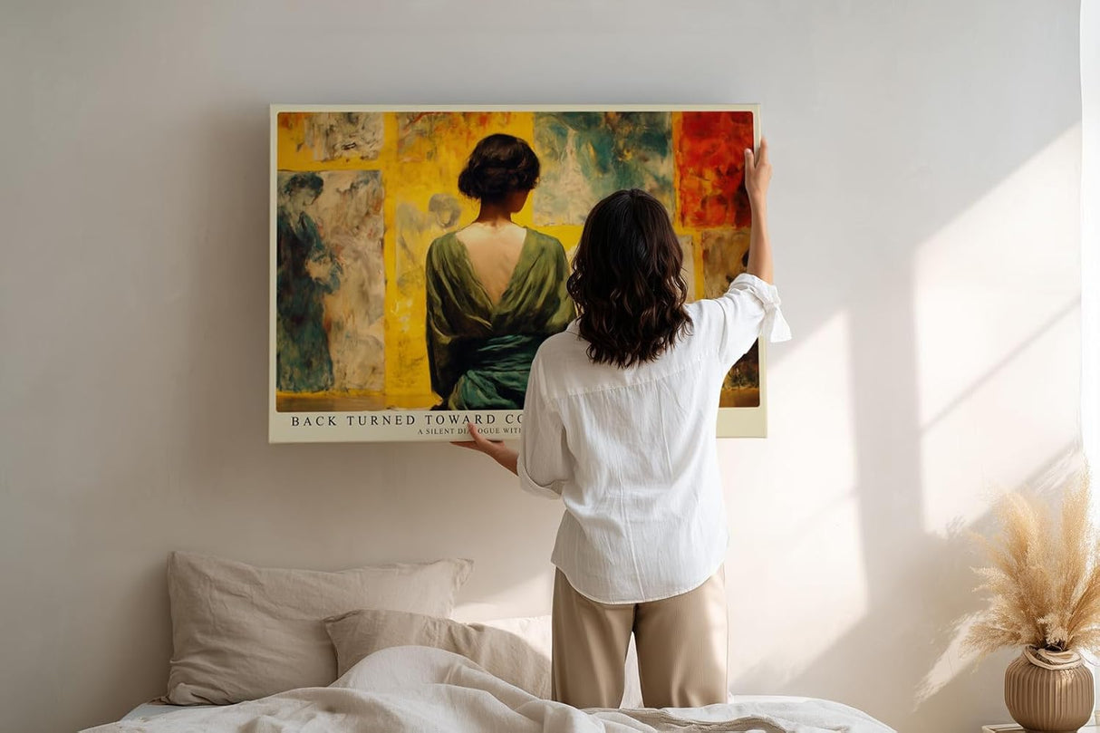 Paul Sinus Wandbild 120x80cm Kuenstlerin im Atelier Moderne Kunstszene Malerei Motiv mit Frau vor abstrakten Leinwaenden