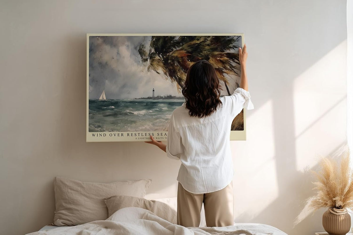 Paul Sinus Wandbild 120x80cm Kueste mit Leuchtturm und Segelboot Impressionistische Meereslandschaft fuer Wohnzimmer Schlafzimmer und Büro