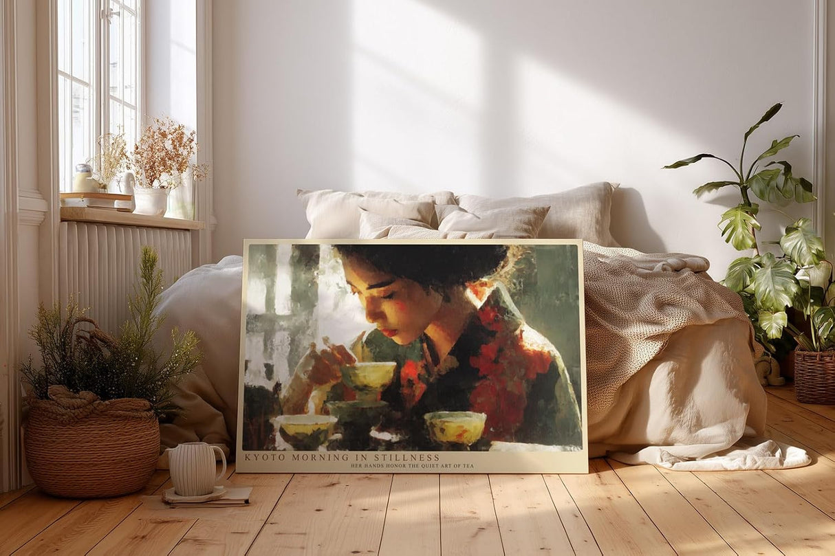 Paul Sinus Wandbild 120x80cm Kyoto Morning in Stillness Teezeremonie Portrait mit Teeschalen Kunst Poster für Wohnzimmer Küche