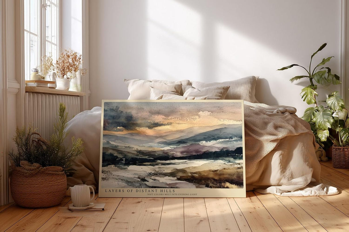 Paul Sinus Wandbild 120x80cm Landschaft Aquarell Berge modern beige blau Natur Kunstdruck grosses Kunstbild ruhige Wanddekoration fuer Wohnzimmer Büro Flur