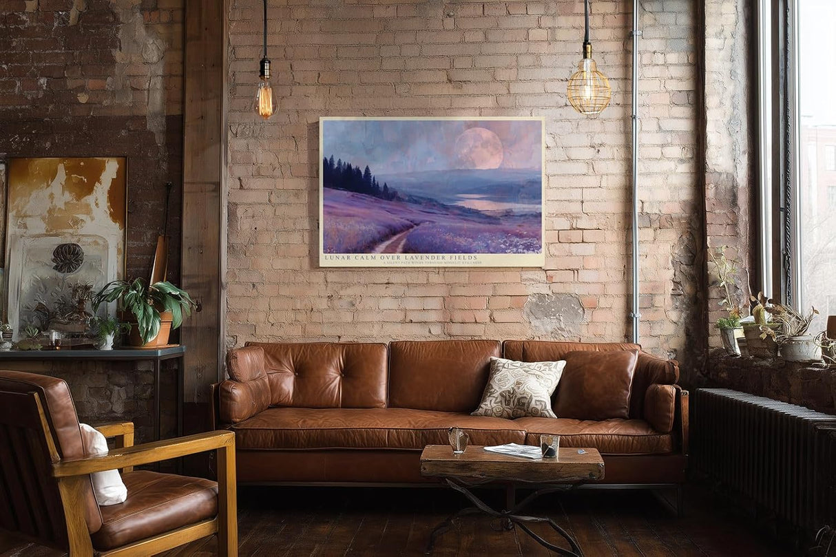 Paul Sinus Wandbild 120x80cm Lavendelfeld Mondlandschaft Ruhige Naturkunst in Lila und Blau Atmosphaerische Landschaft fuer Wohnzimmer Schlafzimmer und Büro
