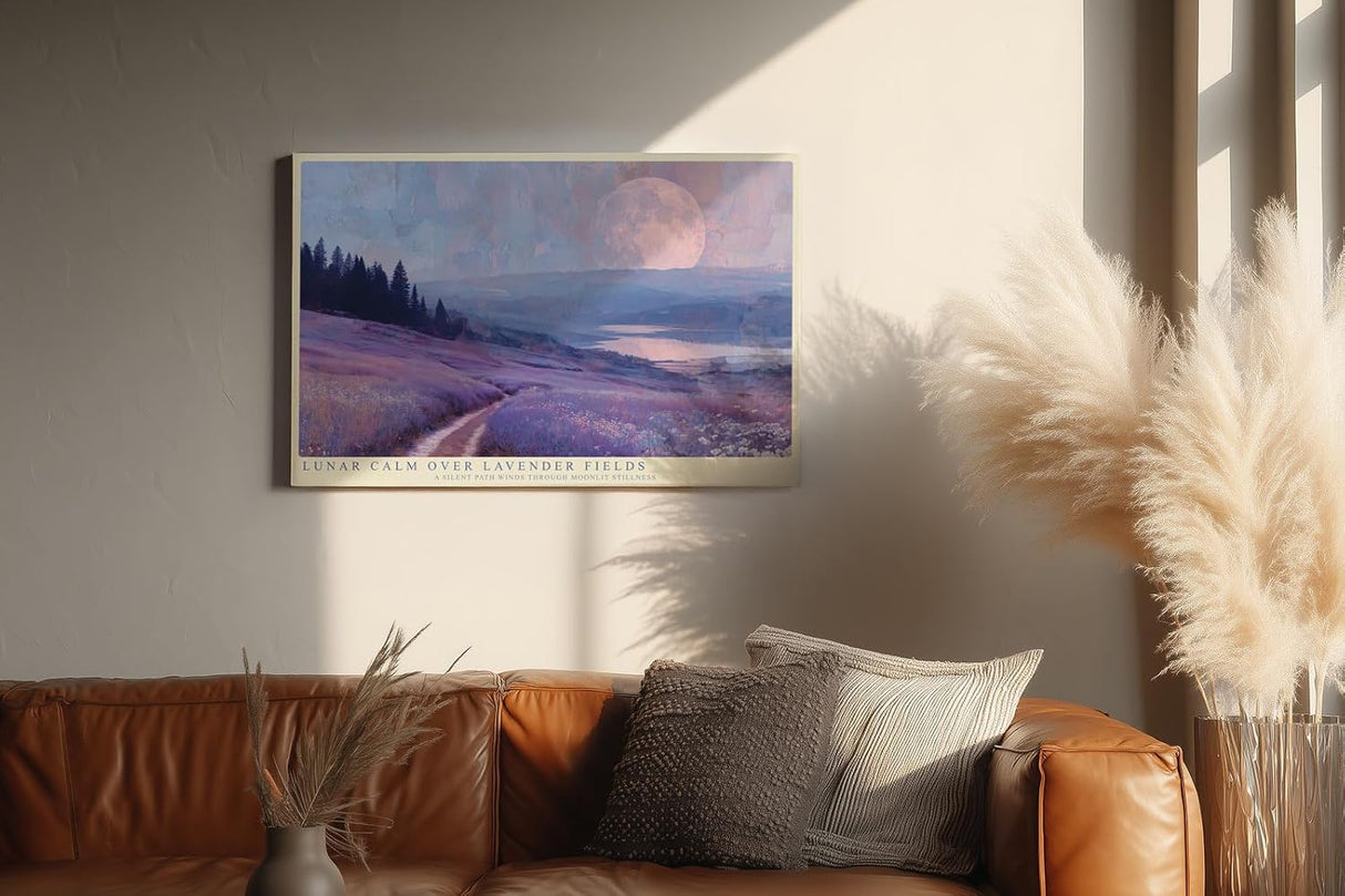 Paul Sinus Wandbild 120x80cm Lavendelfeld Mondlandschaft Ruhige Naturkunst in Lila und Blau Atmosphaerische Landschaft fuer Wohnzimmer Schlafzimmer und Büro