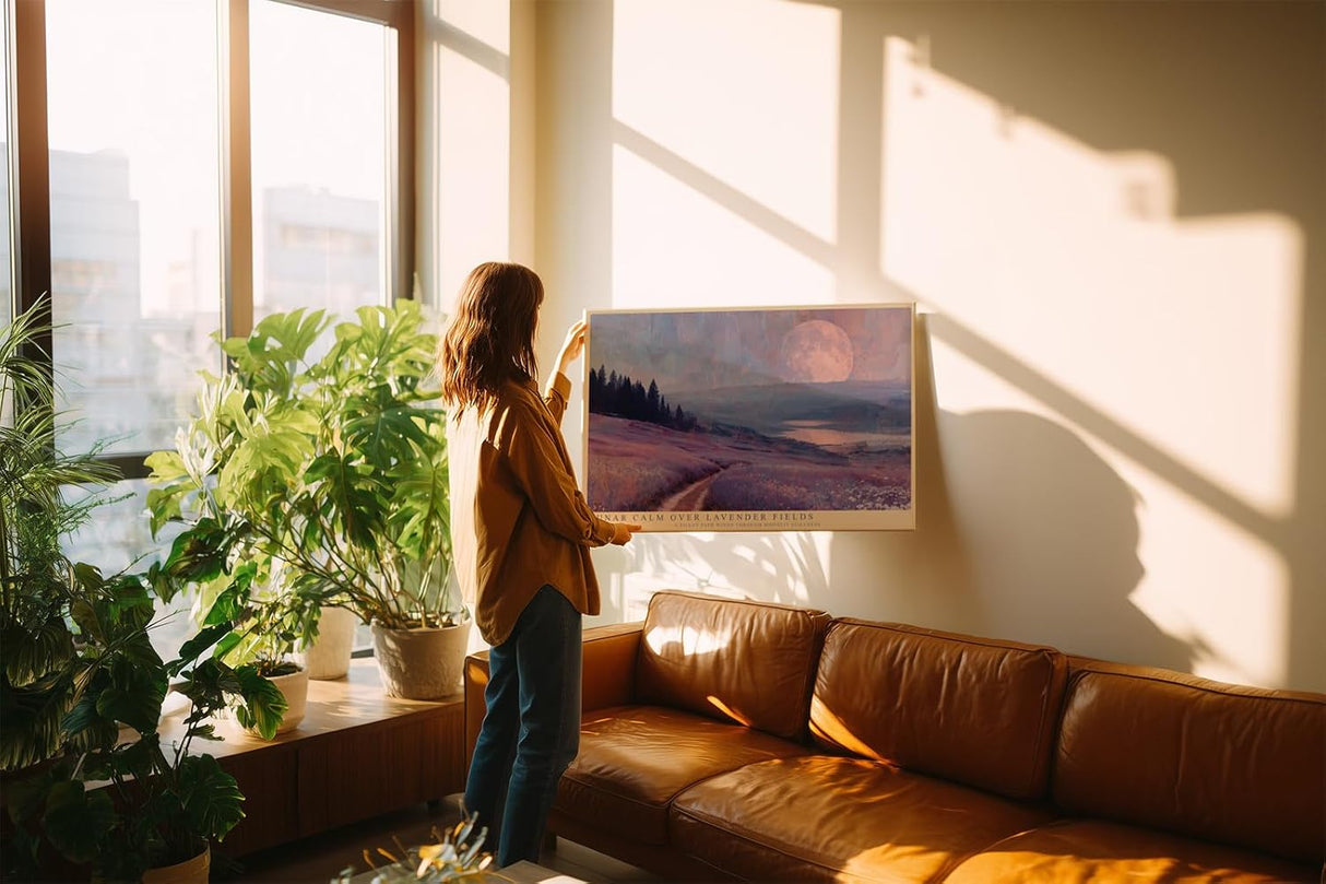 Paul Sinus Wandbild 120x80cm Lavendelfeld Mondlandschaft Ruhige Naturkunst in Lila und Blau Atmosphaerische Landschaft fuer Wohnzimmer Schlafzimmer und Büro