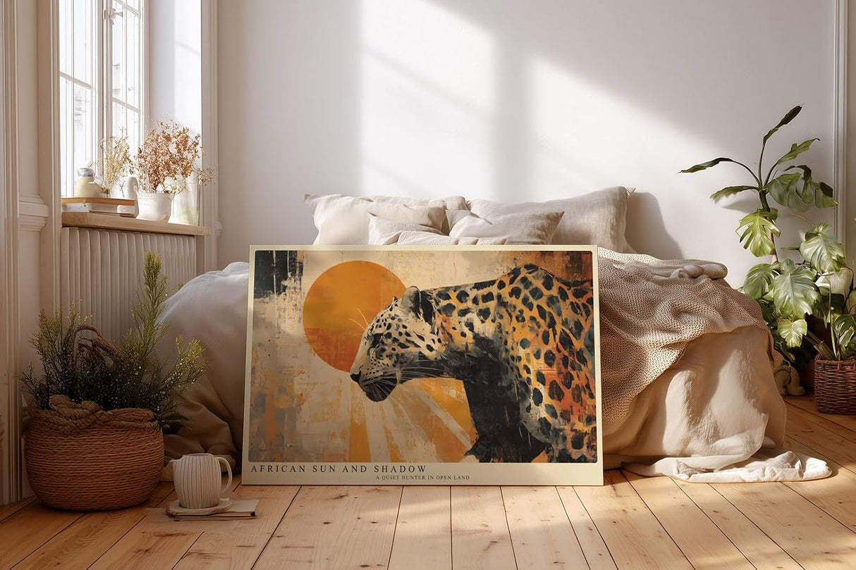 Paul Sinus Wandbild 120x80cm Leopard Afrika Tierkunst modern orange beige Kunstdruck grosses Wandbild 120x80cm exotische Wanddekoration fuer Wohnzimmer Büro