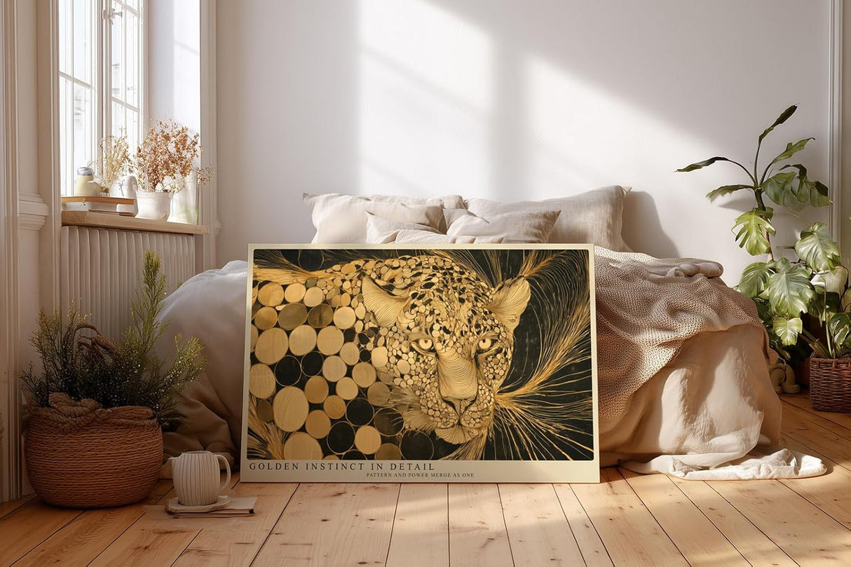 Paul Sinus Wandbild 120x80cm Leopard Portrait gold schwarz moderne Tierkunst Kunstdruck grosses Kunstbild elegante Wanddekoration fuer Wohnzimmer Büro Flur
