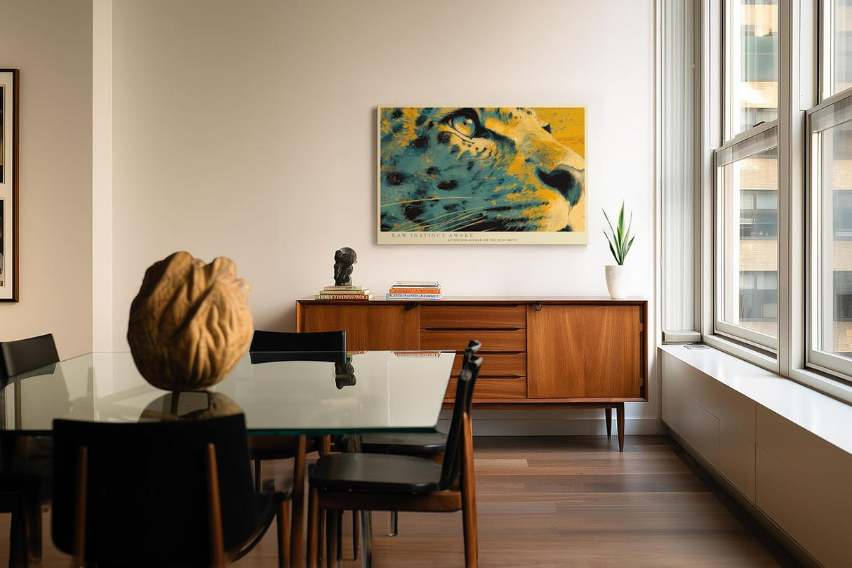 Paul Sinus Wandbild 120x80cm Leopard Portrait modern gelb blau Tierkunst Kunstdruck grosses Kunstbild kraftvolle Wanddekoration fuer Wohnzimmer Büro Flur