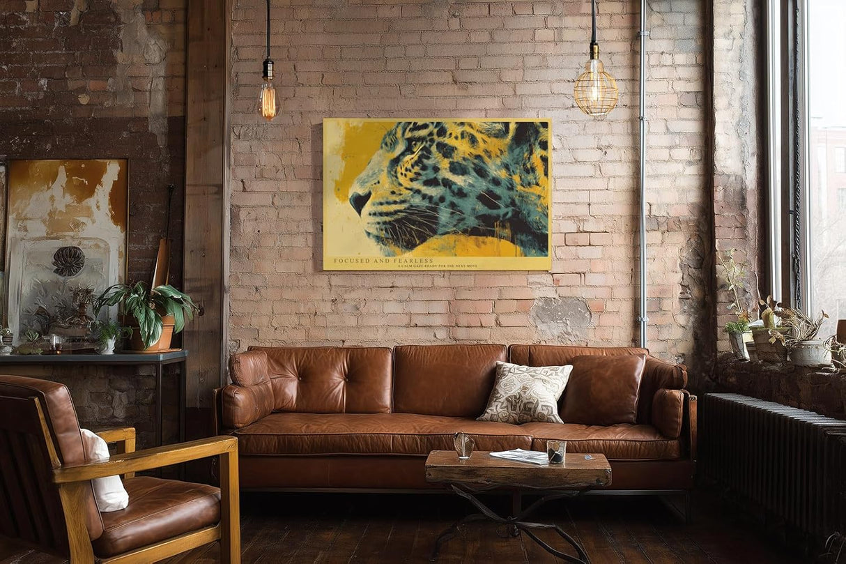 Paul Sinus Wandbild 120x80cm Leopard Portrait moderne Tierkunst gelb schwarz abstrakte Malerei wildes Tiermotiv stilvolle Wanddekoration fuer Wohnzimmer Büro