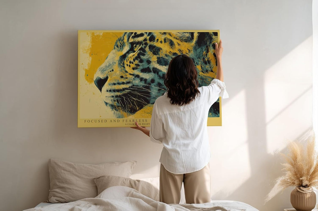 Paul Sinus Wandbild 120x80cm Leopard Portrait moderne Tierkunst gelb schwarz abstrakte Malerei wildes Tiermotiv stilvolle Wanddekoration fuer Wohnzimmer Büro