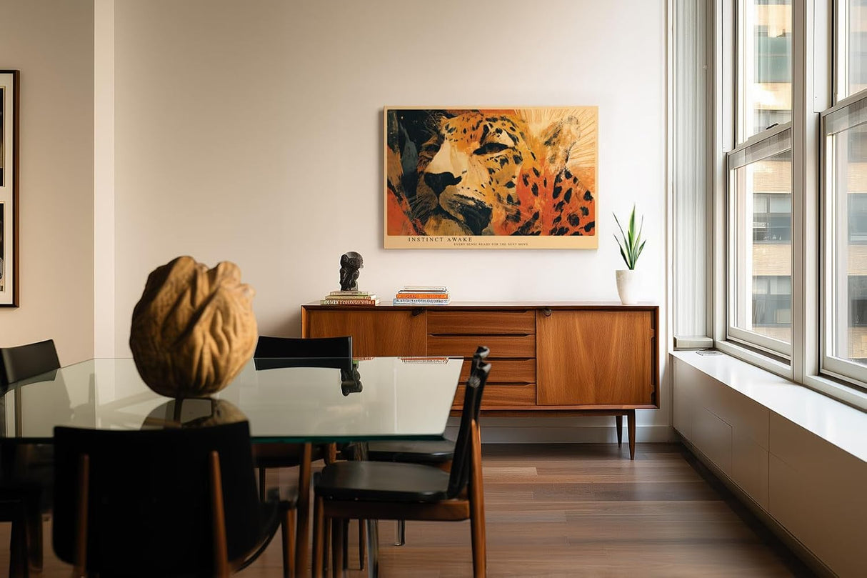 Paul Sinus Wandbild 120x80cm Leopard Portrait moderne Tierkunst orange schwarz abstrakte Wildtier Illustration Wanddekoration fuer Wohnzimmer Büro