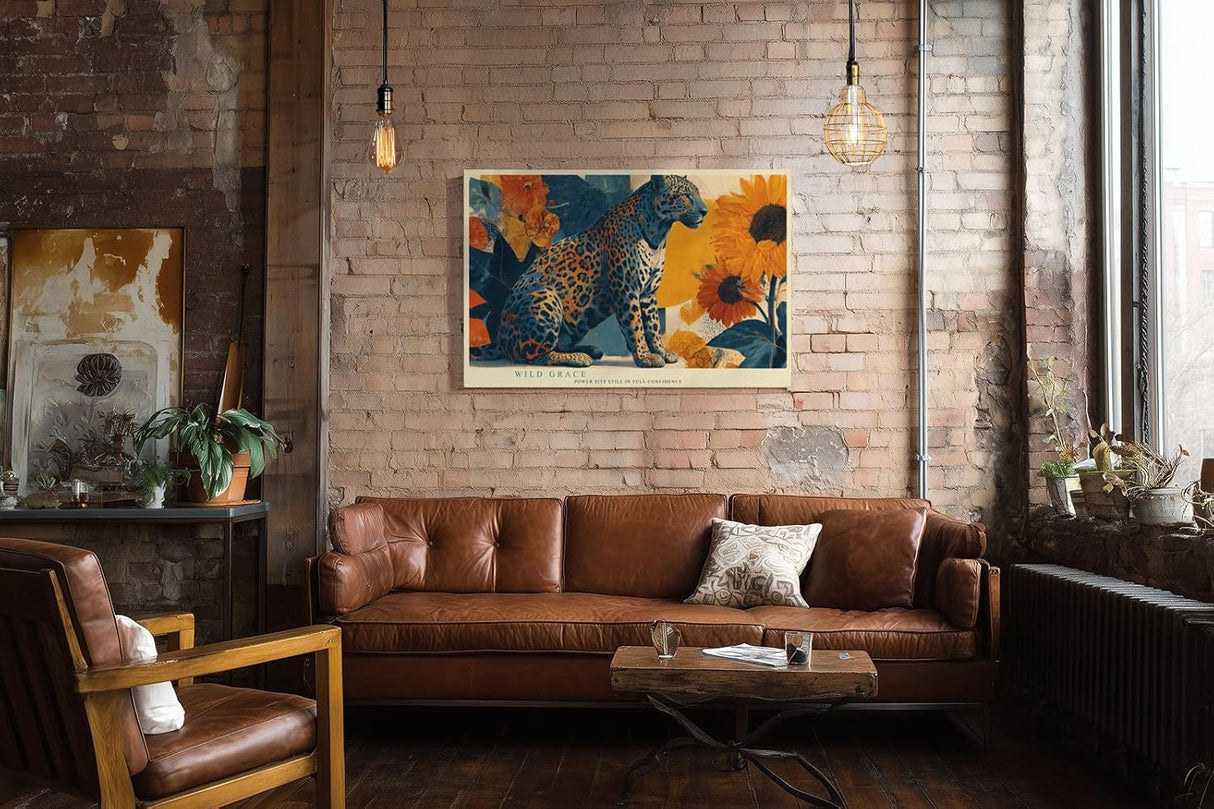 Paul Sinus Wandbild 120x80cm Leopard Tierkunst mit Sonnenblumen elegante Wildkatze moderne Natur Kunstbild stilvolle Wanddekoration fuer Wohnzimmer Büro