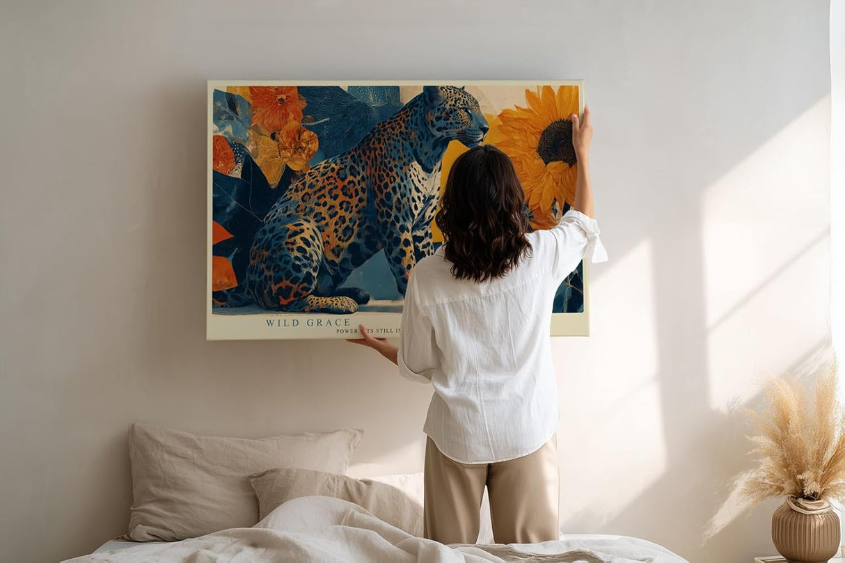 Paul Sinus Wandbild 120x80cm Leopard Tierkunst mit Sonnenblumen elegante Wildkatze moderne Natur Kunstbild stilvolle Wanddekoration fuer Wohnzimmer Büro