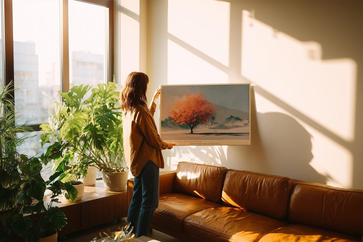 Paul Sinus Wandbild 120x80cm leuchtender Herbstbaum Berglandschaft orange Baumkrone moderne Naturkunst ruhige Landschaft