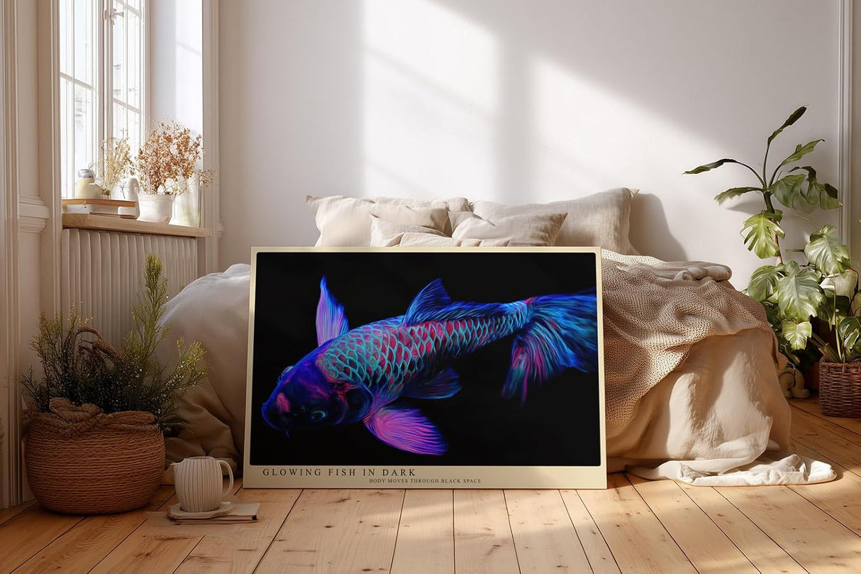 Paul Sinus Wandbild 120x80cm leuchtender Koi Fisch moderne Neon Illustration buntes Unterwasser Kunstposter stilvolle Wanddekoration fuer Wohnzimmer Büro Schlafzimmer