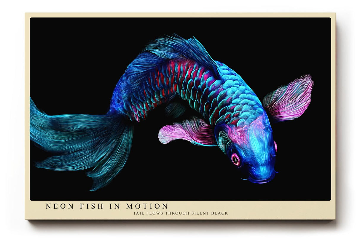 Paul Sinus Wandbild 120x80cm leuchtender Koi Fisch Neon Illustration buntes Unterwasser Kunstposter moderne Tierkunst in blau pink auf schwarzem Hintergrund fuer Wohnzimmer Büro Schlafzimmer