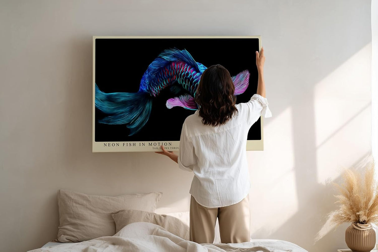 Paul Sinus Wandbild 120x80cm leuchtender Koi Fisch Neon Illustration buntes Unterwasser Kunstposter moderne Tierkunst in blau pink auf schwarzem Hintergrund fuer Wohnzimmer Büro Schlafzimmer