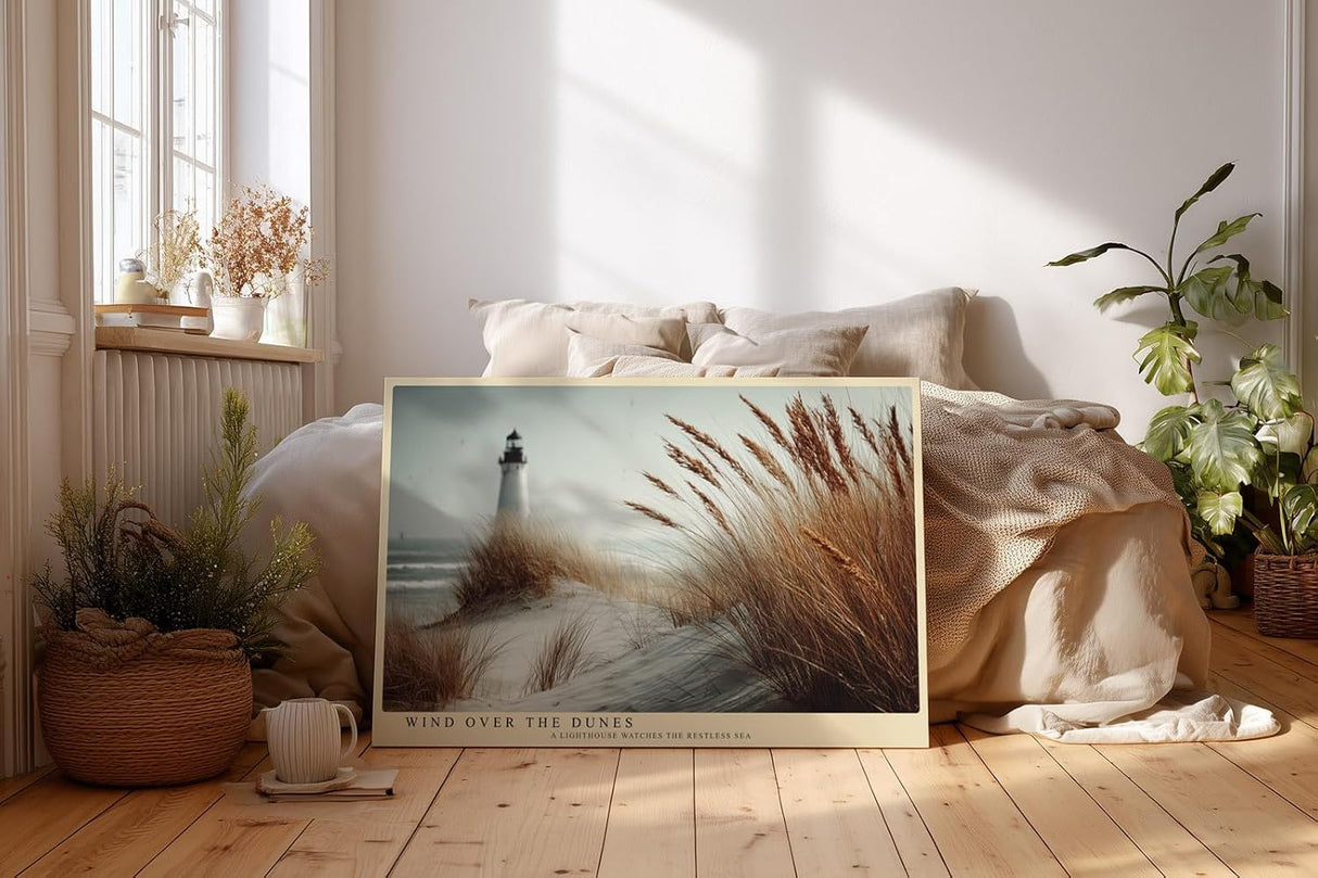 Paul Sinus Wandbild 120x80cm Leuchtturm Duenen Meer Landschaft Fotokunst modern beige Natur Kunstdruck grosses Kunstbild maritime Wanddekoration fuer Wohnzimmer Büro Flur