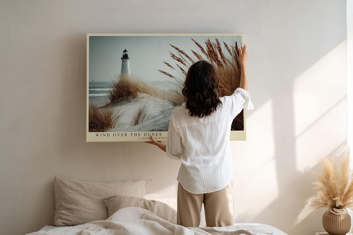 Paul Sinus Wandbild 120x80cm Leuchtturm Duenen Meer Landschaft Fotokunst modern beige Natur Kunstdruck grosses Kunstbild maritime Wanddekoration fuer Wohnzimmer Büro Flur