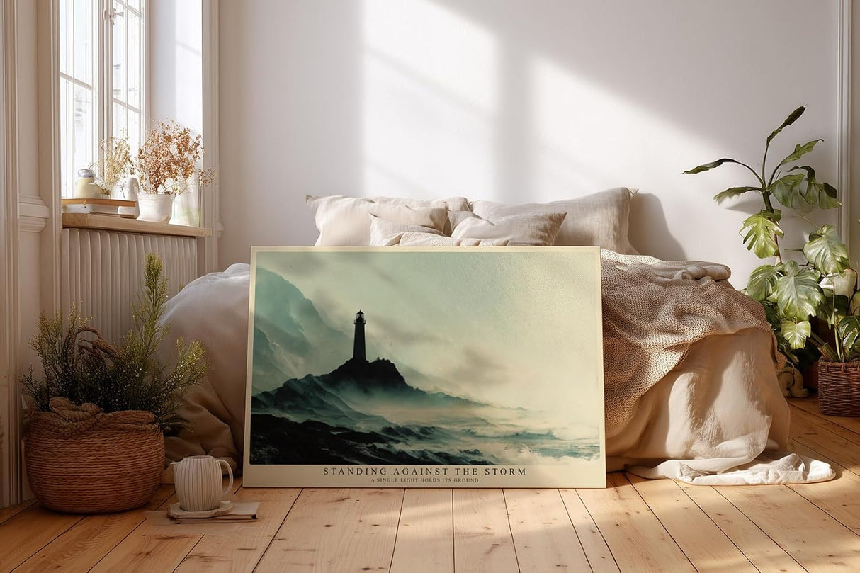 Paul Sinus Wandbild 120x80cm Leuchtturm Kueste dramatische Meereslandschaft Nebel Meer Kunstbild ruhige Natur Wanddekoration fuer Wohnzimmer Büro