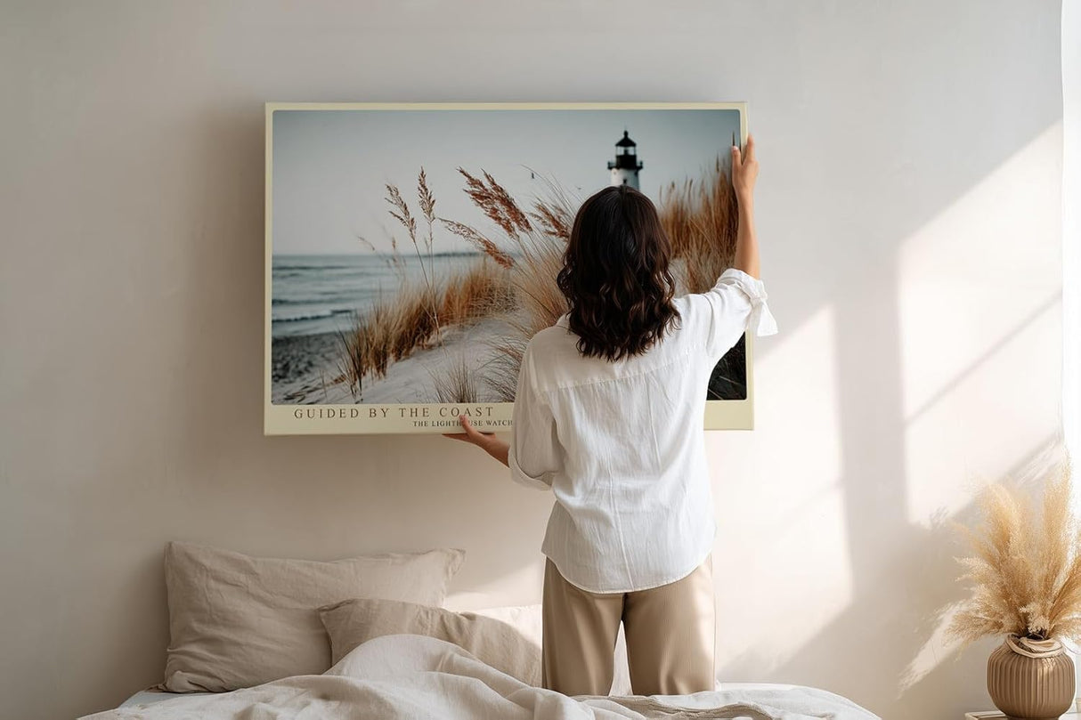 Paul Sinus Wandbild 120x80cm Leuchtturm Strandduenen Kuestenlandschaft Naturfotografie ruhige Meeresstimmung stilvolle Wanddekoration fuer Wohnzimmer Büro