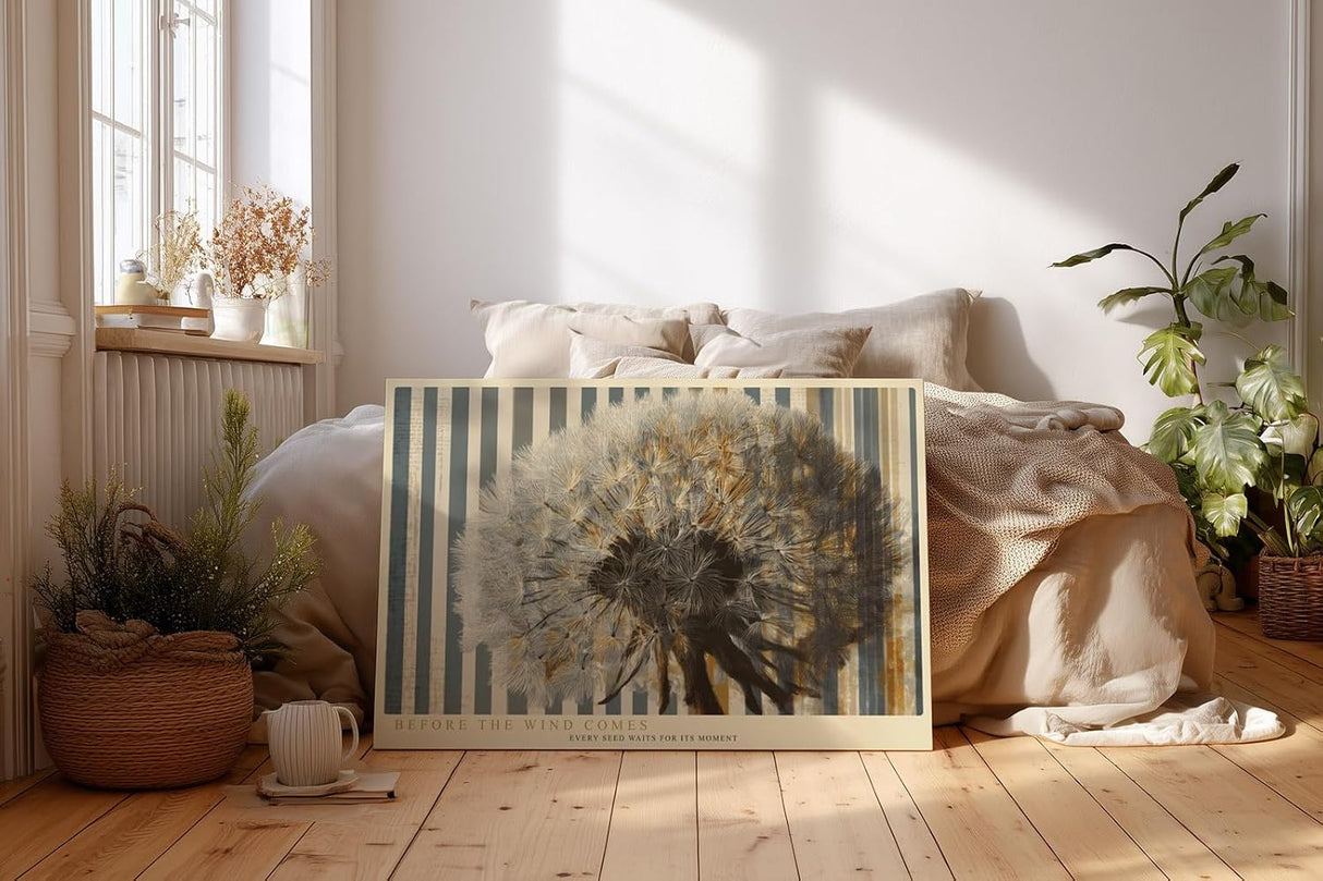 Paul Sinus Wandbild 120x80cm Loewenzahn Pusteblume moderne botanische Kunst abstraktes Naturmotiv beige grau stilvolle Wanddekoration fuer Wohnzimmer Büro