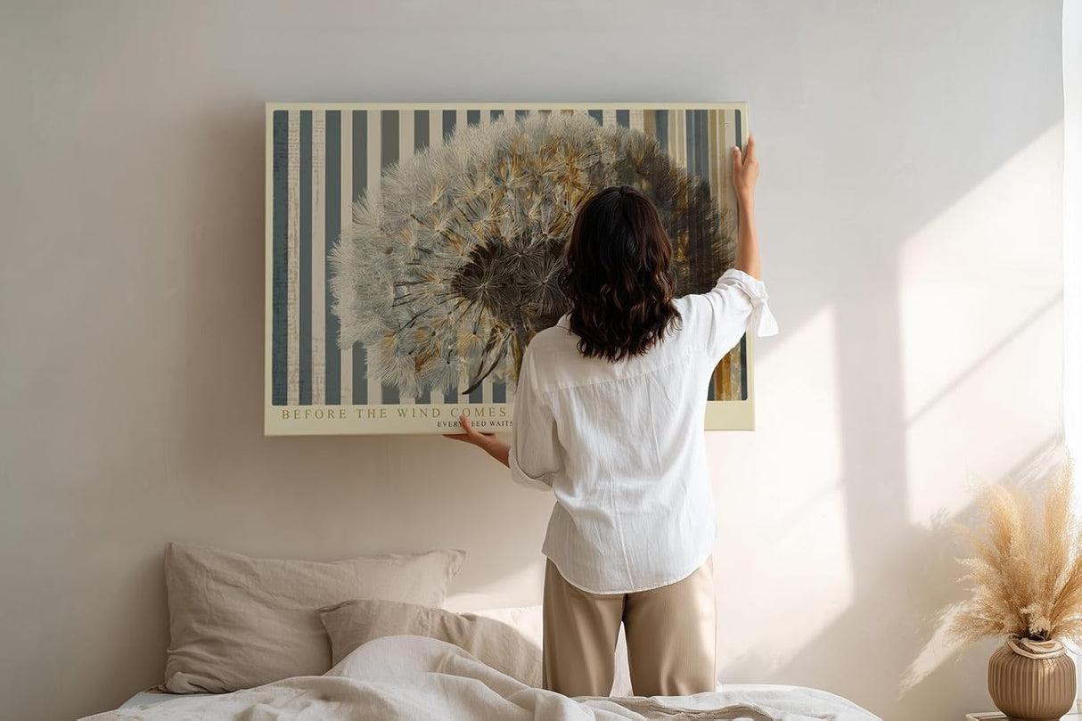 Paul Sinus Wandbild 120x80cm Loewenzahn Pusteblume moderne botanische Kunst abstraktes Naturmotiv beige grau stilvolle Wanddekoration fuer Wohnzimmer Büro