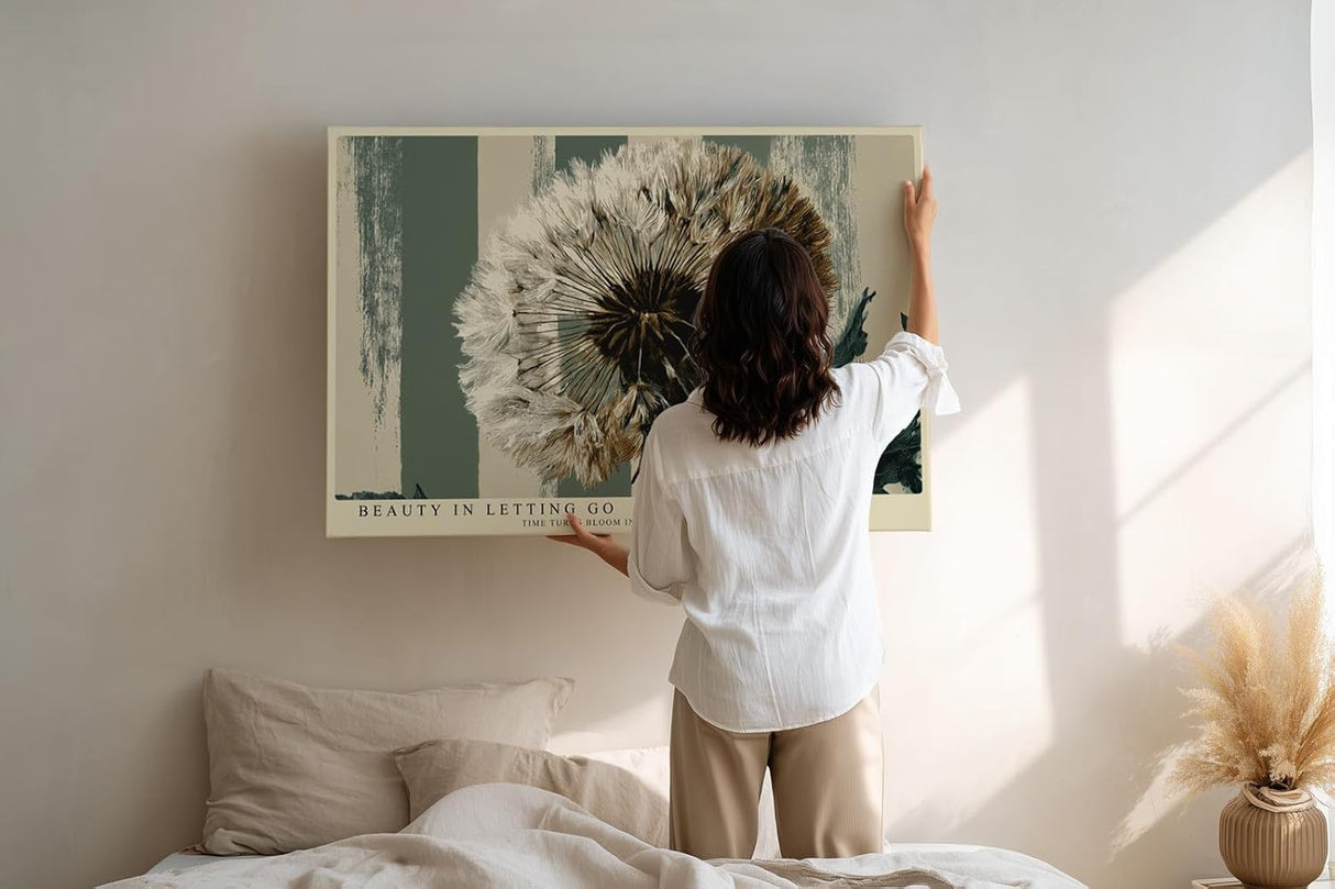Paul Sinus Wandbild 120x80cm Loewenzahn Pusteblume moderne Naturillustration botanische Kunst beige gruene Wanddekoration fuer Wohnzimmer Büro