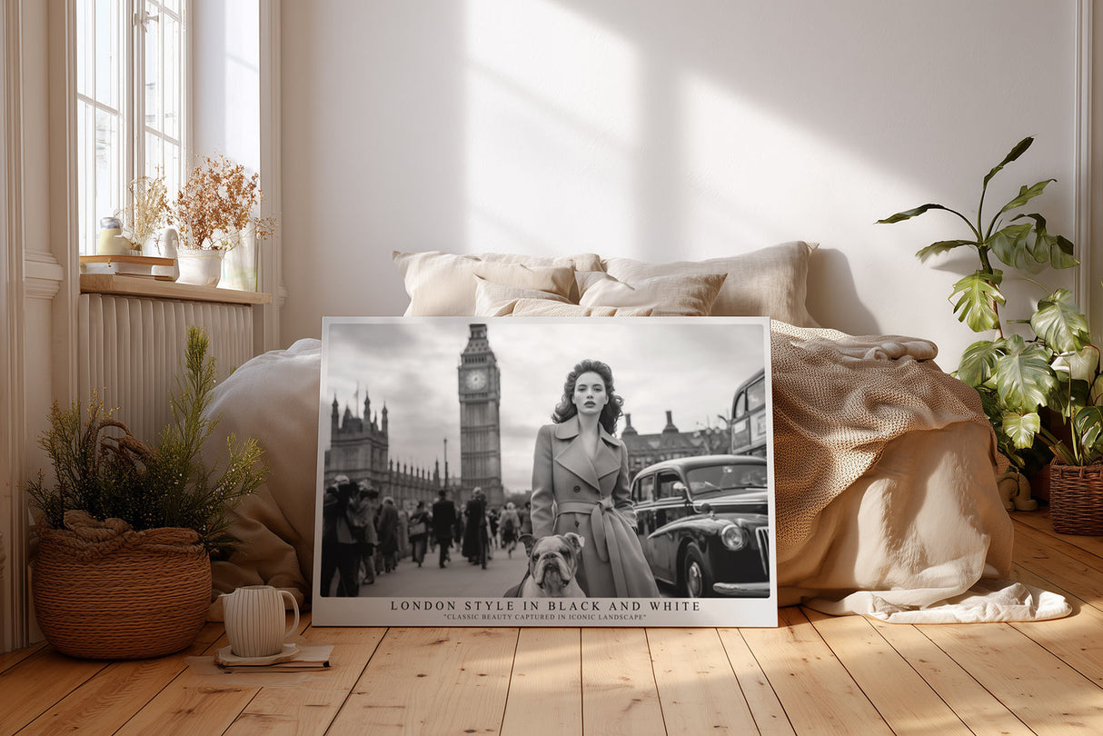 Paul Sinus Wandbild London Style in Black and White – Klassische Szene mit Frau und Hund vor Big Ben