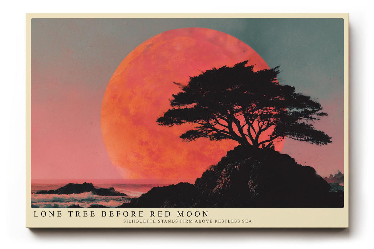 Paul Sinus Wandbild 120x80cm Lone Tree before Red Moon dramatische Landschaft mit Baum und rotem Mond Kunst Poster für Wohnzimmer Büro