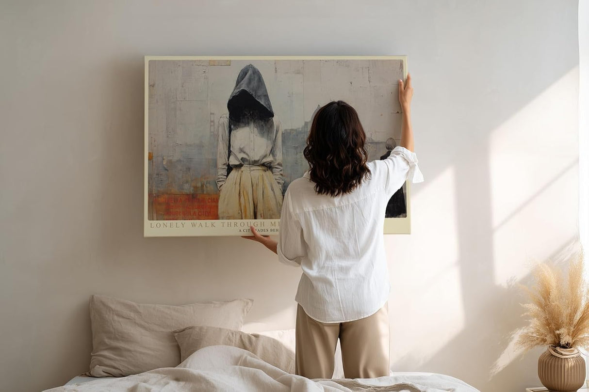 Paul Sinus Wandbild 120x80cm Lonely Walk Through Memory moderne Stadt Szene mit Figur melancholische Kunst Poster für Wohnzimmer Schlafzimmer