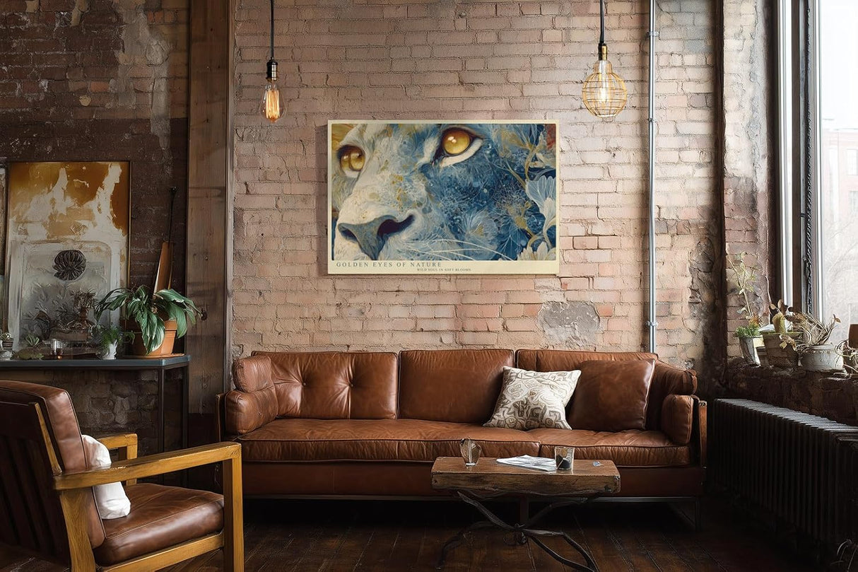 Paul Sinus Wandbild 120x80cm Löwe Goldene Augen Florale Kunst LeinWandbild 120x80cm Mystisches Tierportrait Wanddekoration