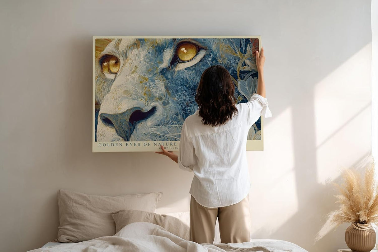 Paul Sinus Wandbild 120x80cm Löwe Goldene Augen Florale Kunst LeinWandbild 120x80cm Mystisches Tierportrait Wanddekoration