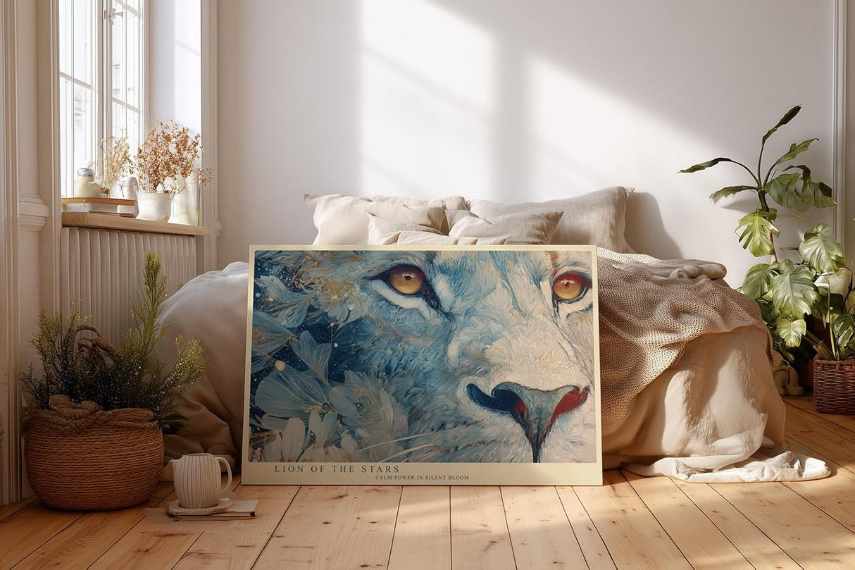 Paul Sinus Wandbild 120x80cm Löwe Sternenblüten Kunst LeinWandbild 120x80cm Mystisches Tierportrait Wanddekoration