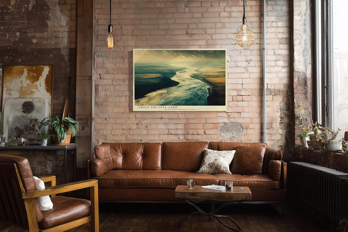 Paul Sinus Wandbild 120x80cm Luftaufnahme Fluss Landschaft moderne Natur Fotokunst weite Felder grosses Landschaftsbild stilvolle Wanddekoration fuer Wohnzimmer Büro