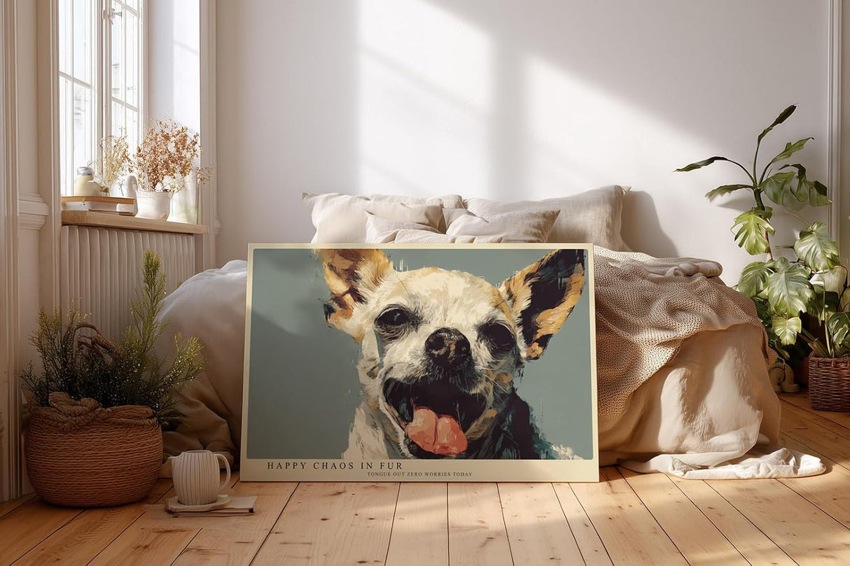 Paul Sinus Wandbild 120x80cm lustiger Chihuahua Hund Portrait moderne Tierkunst warmes Farbspiel Kunstdruck stilvolle Wanddekoration fuer Wohnzimmer Flur Büro Tierliebhaber