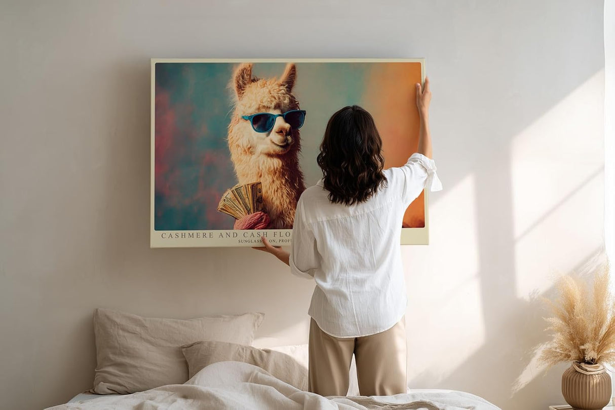 Paul Sinus Wandbild 120x80cm Lustiges Lama mit Sonnenbrille und Geld Modernes Tiermotiv Pop Art Stil fuer Wohnzimmer Büro und Jugendzimmer