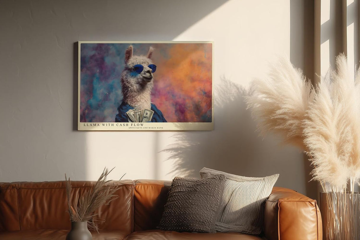 Paul Sinus Wandbild 120x80cm Lustiges Lama mit Sonnenbrille und Geldscheinen modernes Tierposter humorvolle Pop Art Tierkunst Kunstdruck Bild für Wohnzimmer Büro Bar Dekoration