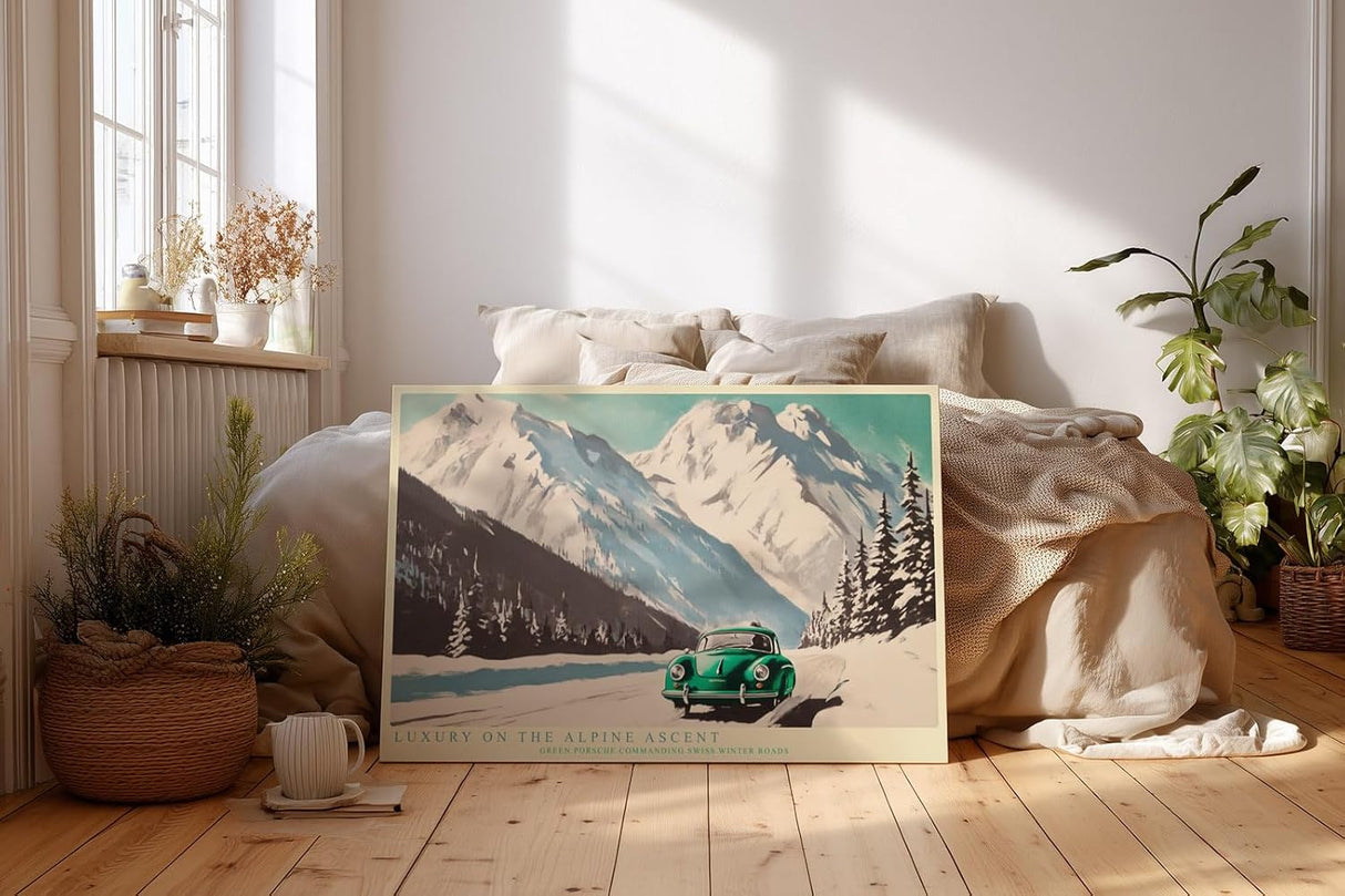 Paul Sinus Wandbild 120x80cm Luxury on the Alpine Ascent klassischer Sportwagen in Alpenlandschaft Retro Auto Kunst Poster für Wohnzimmer Büro
