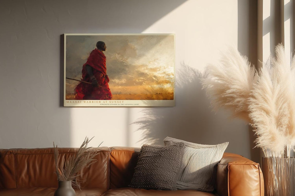 Paul Sinus Wandbild 120x80cm Maasai Warrior at Sunset afrikanische Savanne Krieger Landschaft Kunst Poster für Wohnzimmer Büro Reise Dekoration