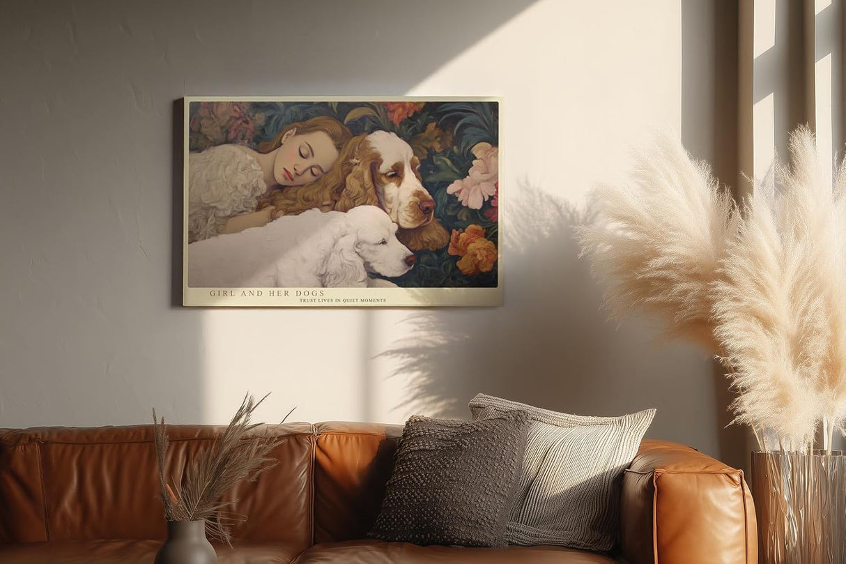 Paul Sinus Wandbild 120x80cm Mädchen Mit Hunden Romantisches Portrait LeinWandbild 120x80cm Tierkunst Wanddekoration