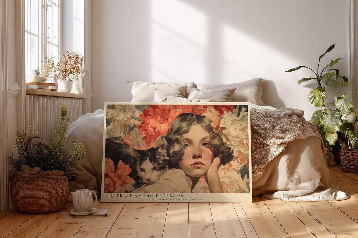 Paul Sinus Wandbild 120x80cm Maedchen mit Katze Blumen Portrait romantische Kunst Wanddekoration Wohnzimmer Schlafzimmer